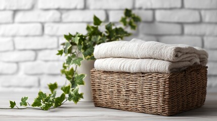 Minimalist basket with linen robe and towel, white brick background, trailing ivy as decor