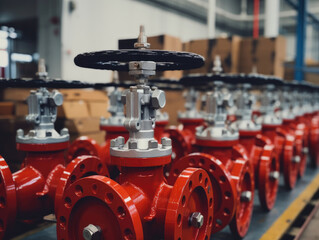 Industrial red valves in production facility