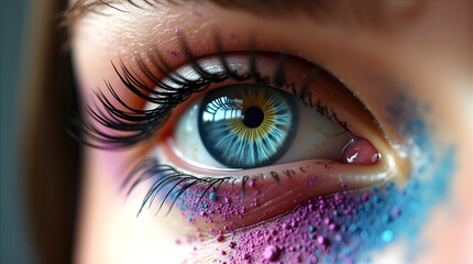 Fototapeta premium Artistic extreme close-up of a female eye adorned with vibrant powdered pigments