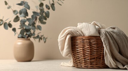 Fototapeta premium Minimalist scene with a wicker laundry basket, soft white linens spilling over, beige background, eucalyptus in vase nearby