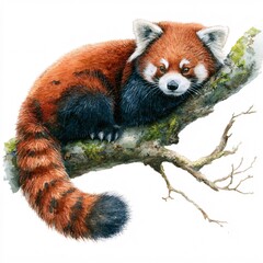 Fototapeta premium Watercolor Red Panda Lounging on a Mossy Branch in Nature