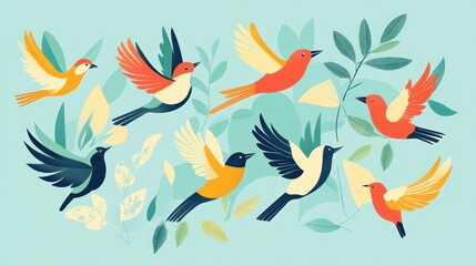 Colorful birds in flight amidst foliage