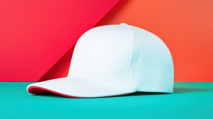Fototapeta premium A white baseball cap with a red brim is sitting still