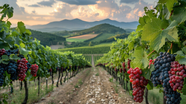 Professional photograph, Wine tasting in a vineyard, vibrant colours and rolling clouds over the hills in the background. - Powered by Adobe