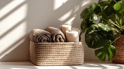 Fototapeta premium Natural jute basket with cozy socks and towels, plant shadow play on clean whitewall