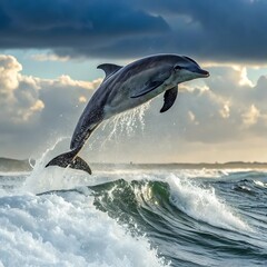 Fototapeta premium Stunning Dolphin Leaping Ocean Wave: Breathtaking Wildlife Photo