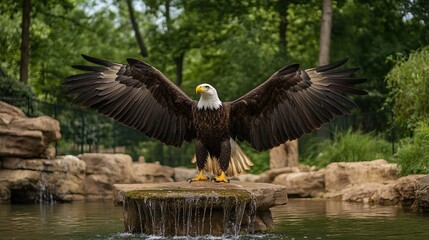 Majestic bald eagle wings spread wide in nature setting zoo bird wild park avian rocks water green