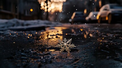 Detailed snowflake on wet surface with blurred background