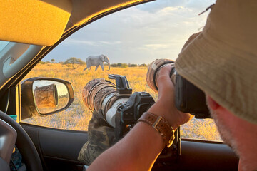 Wildlife photographer with telephoto lens capturing elephant from safari vehicle in golden light. Ideal for: safari experience, ethical tourism, and photography tips. Nxai Pan, Botswana. 
