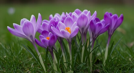 Fototapeta premium Beautiful spring crocuses in the garden. Flowering of bulbous plants in the garden. Floral spring background with pink and purple crocus flowers