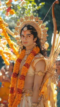 Rama virtues: perfect ruler, warrior ideal, loyal son, faithful husband, courage symbol, dharma follower, hero in Ramayana, noble tradition, Ayodhya heart, eternal protector.
