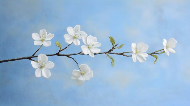 Delicate white blossom slender branch set against soft blue background minimalistic serene composition gentle lighting highlighting intricate petal peaceful spring vibe cut out isolated transparent