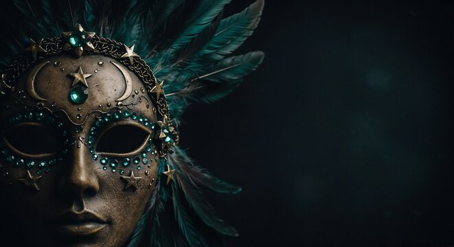 Ornate Venetian mask in bronze & teal, with star & moon details, for carnival & mystery with copy space 