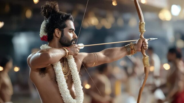 Rama legacy: noble king, devoted son, courageous warrior, dharma embodiment, virtue model, sacred figure, divine husband, epic hero, revered avatar, Ramayana honor, righteous leader.