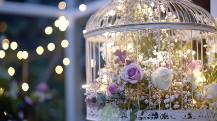 White Birdcage with Pink and White Roses and Fairy Lights