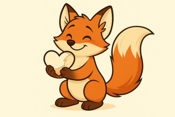 Obraz premium A cartoon fox with a bashful smile, holding an oversized invisible heart in its paws on a light cream background