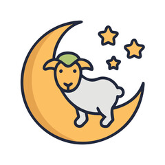 Cartoon sheep resting on crescent moon with stars above