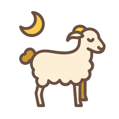 Cartoon sheep stands under a crescent moon at night