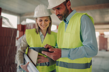 Construction workers using tablet and holding blueprints on site