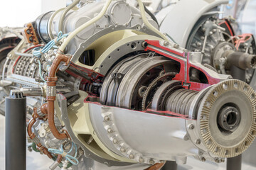 Detailed view of a jet engine showcasing internal components and design at an aviation museum...