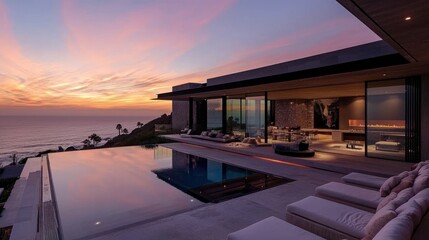 Luxurious modern home overlooking the ocean during a beautiful sunset