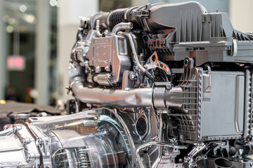 Detailed view of an automotive engine display showcasing advanced engineering and technology in an...