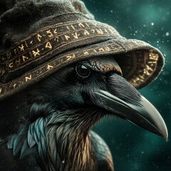 Enchanted Crow Wearing a Magical Hat in a Close-Up View