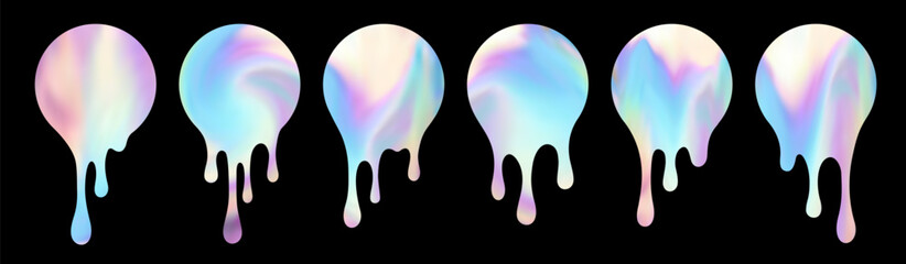 Set of colorful neon rainbow gradient, melted, flowing fluid sticker with drops with holographic effect. Round shiny smooth mirror emblem, label. Isolated on black background EPS10 vector illustration