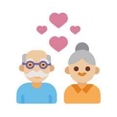 Fototapeta premium Elderly couple with hearts flat illustration on black background