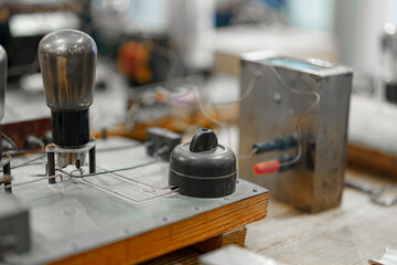 Vintage electronic components on display at an electronics museum highlighting early technology...