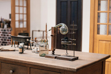 Historical laboratory with vintage equipment and glassware in an old scientific research setting