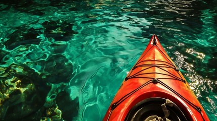 Obraz premium A kayak is in the water with a paddle on the front. The paddle is black and silver