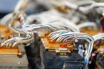 Detailed view of complex wiring in high-tech electrical equipment at a modern manufacturing facility