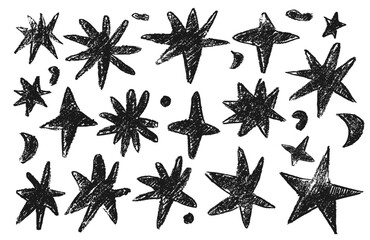 Set of chalk doodle stars. Grunge black stars with crayon texture. Hand drawing shape in kid sketch style on black background.	