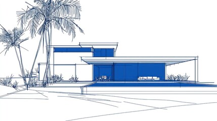 Architectural sketch of a modern house with palm trees and pool