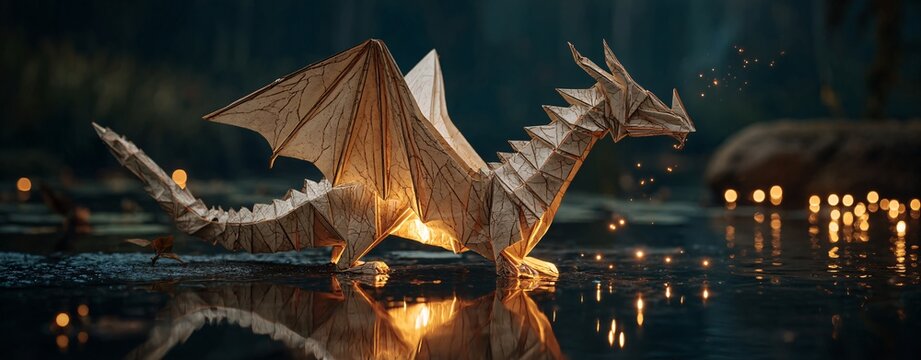 Glowing Origami Dragon Unfolding Into Light Over Calm Water