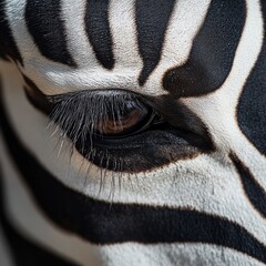 Mesmerizing close up view of a zebra eye revealing the intricate patterns and textures of its fur eyelashes and skin