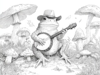 A whimsical toad playing banjo amidst mushrooms.