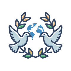 Stylized peace symbol with doves, olive branches, and globe