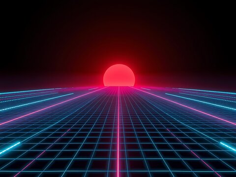 Retro futuristic sunset and gridded landscape depicting an 80s inspired digital vibe