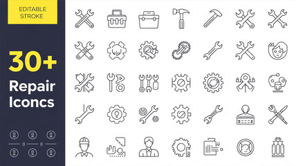 A set of 30 repair and maintenance icons arranged in a grid format on a white background