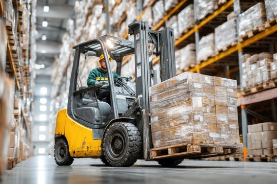 Worker operates forklift carrying goods in warehouse with shelves loaded by boxes, indoor shipping and delivery