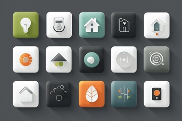 Diverse assortment of smart home application icons on a sleek, modern gray surface
