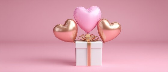 Fototapeta premium Elegantly arranged heart balloons above a gift box on soft pink background