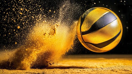 A basketball is in the air and has a yellow and black design. The ball is surrounded by a cloud of dust
