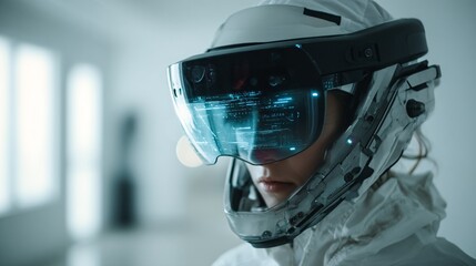 Fototapeta premium Gamer in Augmented Reality Visor Engaged in Immersive Experience