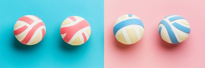 Fototapeta premium Two balls are on a blue background. One is red and white and the other is blue and white