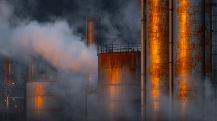 Close-up of rusted pipes and large cylindrical storage tanks, steam rising from the facility in a dramatic industrial setting