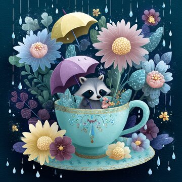 Tiny Raccoon Hiding in Cup Under Umbrella in Rainy Fantasy Scene