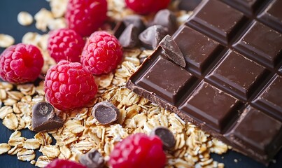 Dark Chocolate with Raspberries, Oats, and Chips for a Healthy Gourmet Snack, Generative AI